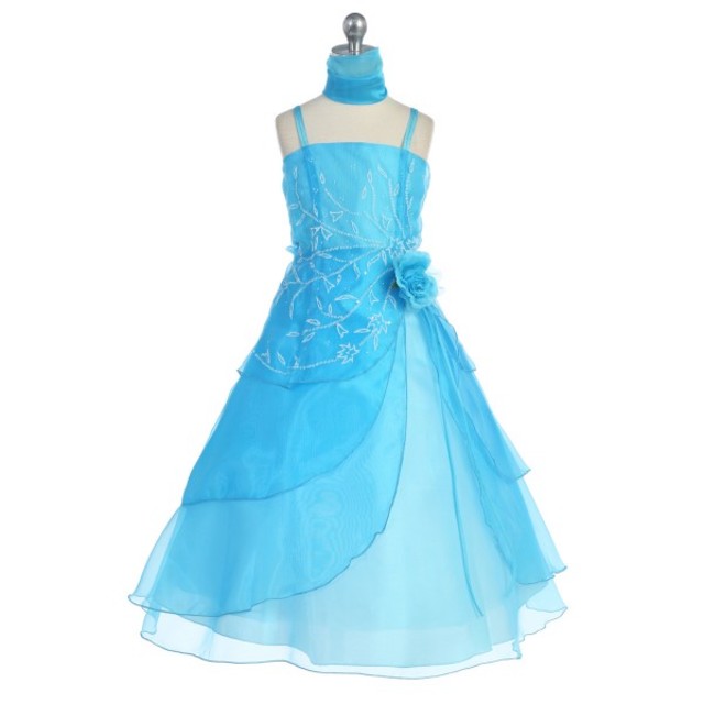 Turquoise Organza Beaded Child Gown, J799